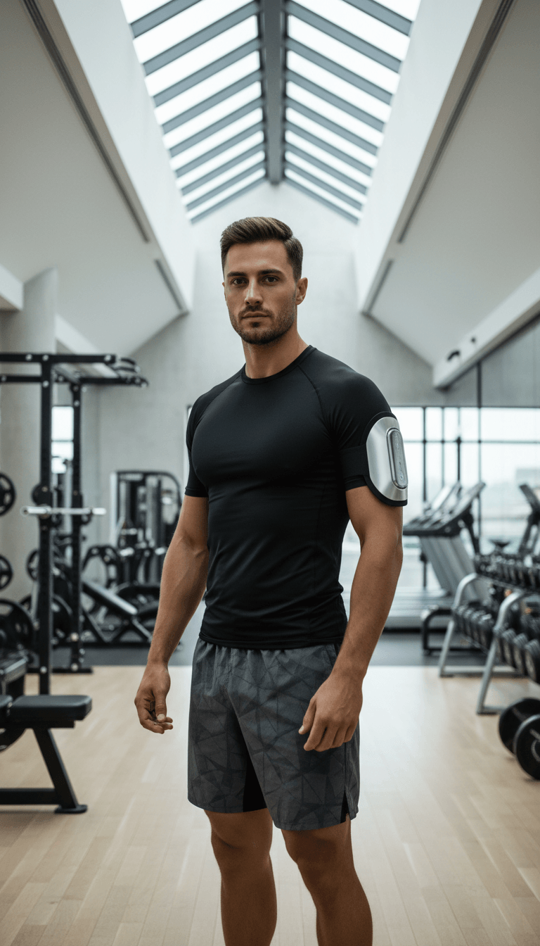 Male athlete standing in gym wearing cooling device on arm, displaying premium athletic wear and confident posture Male athlete standing in gym wearing cooling device on arm, displaying premium athletic wear and confident posture