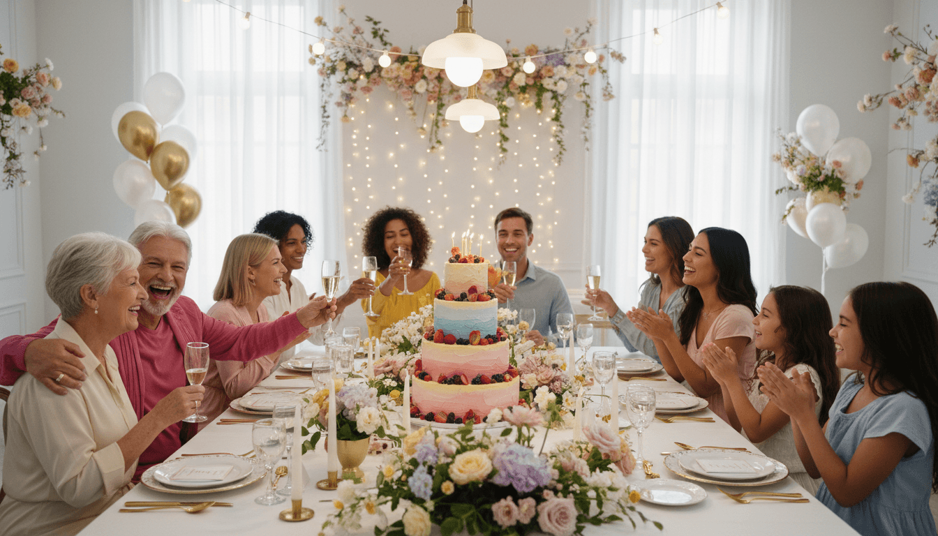 Multi-generational family celebrating around decorated birthday cake, warm festive lighting, genuine laughter and interaction, elegant event space Multi-generational family celebrating around decorated birthday cake, warm festive lighting, genuine laughter and interaction, elegant event space